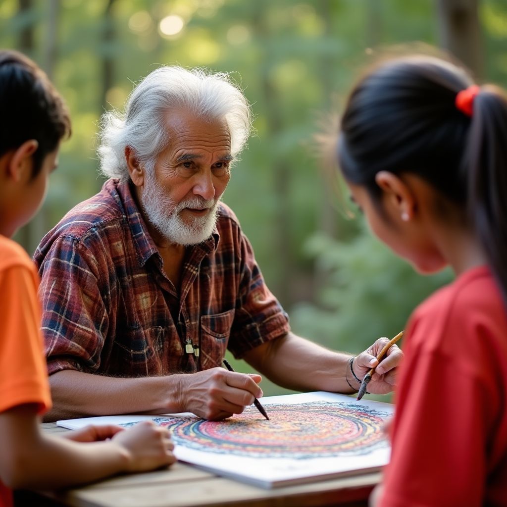 Aboriginal elder teaching young artists traditional techniques